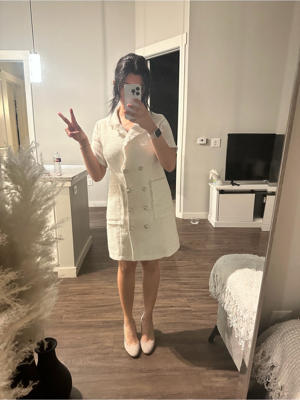 Cream Bouclé Double-Breasted Shift Dress